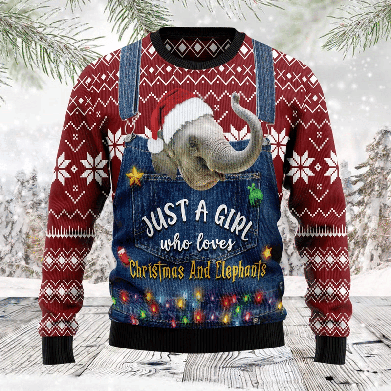 Just A Girl Who Loves Christmas And Elephants Ugly Christmas Sweater Adult 3D Funny Matching for family