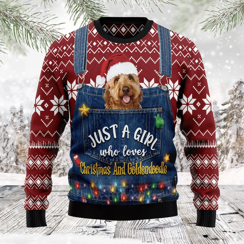 Just A Girl Who Loves Christmas And Goldendoodle Ugly Christmas Sweater Adult 3D Funny Matching for family