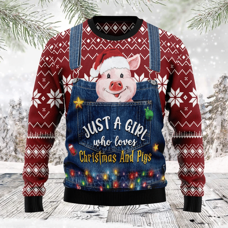 Just A Girl Who Loves Christmas And Pigs Ugly Christmas Sweater Adult 3D Funny Matching for family