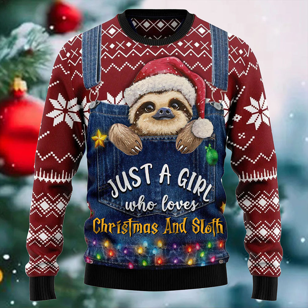 Just a Girl Who Loves Christmas And Sloth Ugly Christmas Sweater Gifts For Sloth Lovers