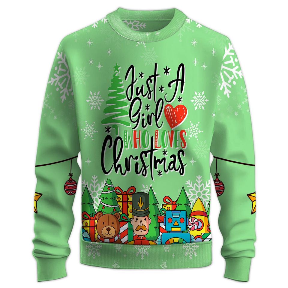 Just A Girl Who Loves Christmas Sweatshirt with Crew Neck and Long Sleeve, 3D Printed Graphic - Image 3