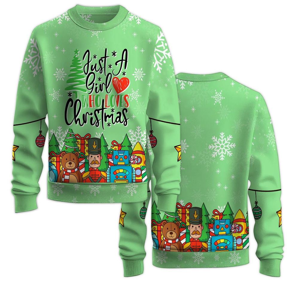 Just A Girl Who Loves Christmas Sweatshirt with Crew Neck and Long Sleeve, 3D Printed Graphic