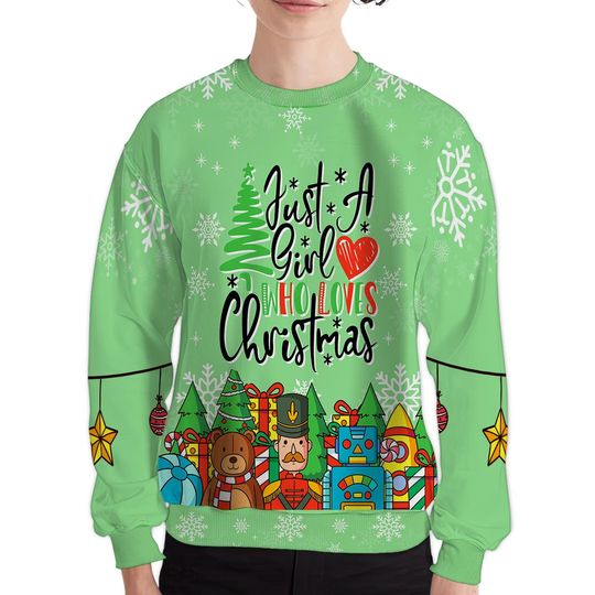 Just A Girl Who Loves Christmas Sweatshirt with Crew Neck and Long Sleeve, 3D Printed Graphic - Image 11