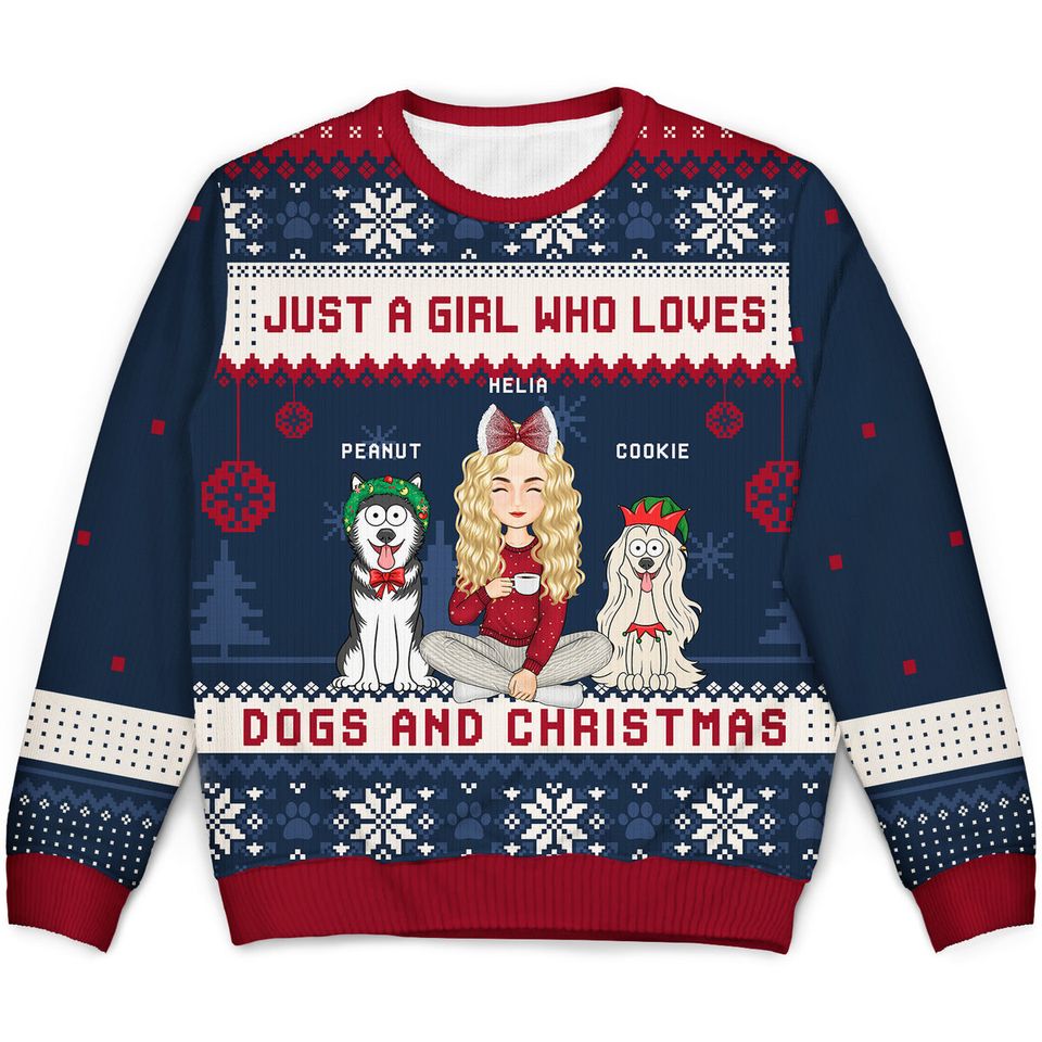 Just A Girl Who Loves Dogs And Christmas Cartoon Style Custom Unisex Ugly Sweatshirt