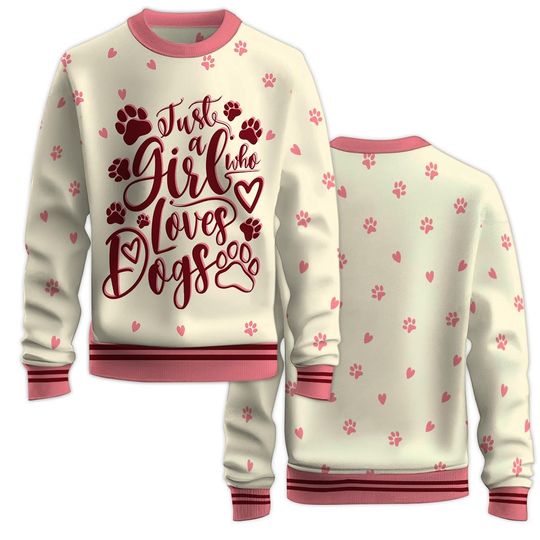 Just A Girl Who Loves Dogs Sweatshirt with Crew Neck and Long Sleeve, 3D Printed Graphic - Image 7