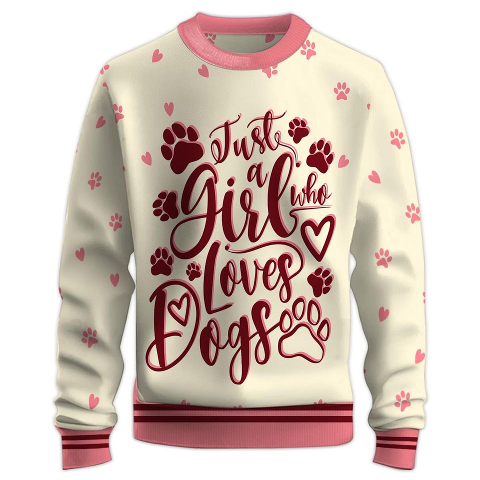 Just A Girl Who Loves Dogs Sweatshirt with Crew Neck and Long Sleeve, 3D Printed Graphic - Image 3