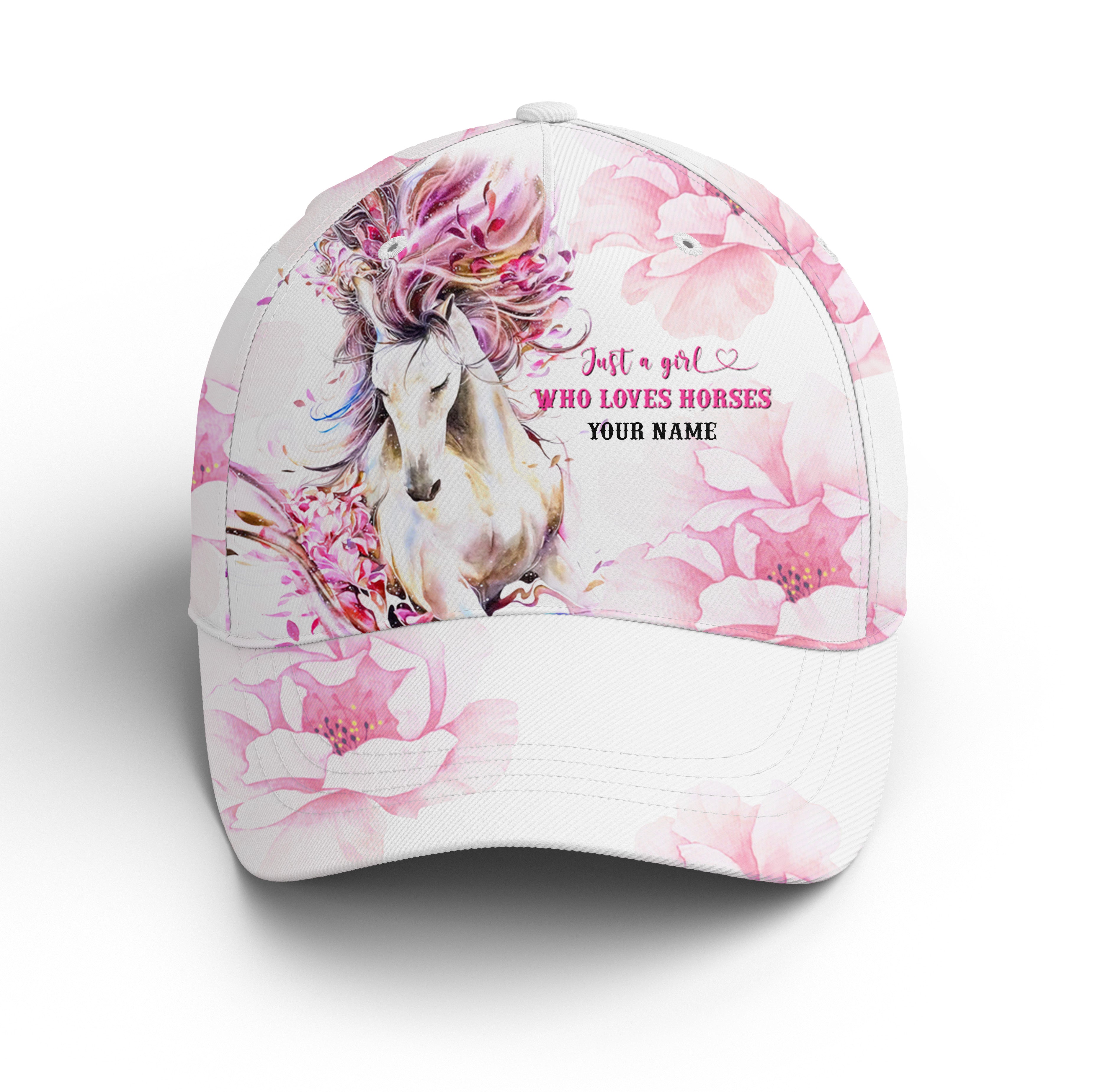 Just A Girl Who Loves Horses Custom Pink Horse Hat Adjustable Mesh Unisex Baseball Hat, Horse Gifts For Girls, Fishing Classic Cap Trucker Hats Custom Hats Gifts For Men & Women