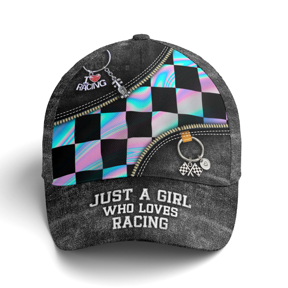 Just A Girl Who Loves Racing Black Jean Style Baseball Cap Trucker Hats Custom Hats Gifts For Men & Women