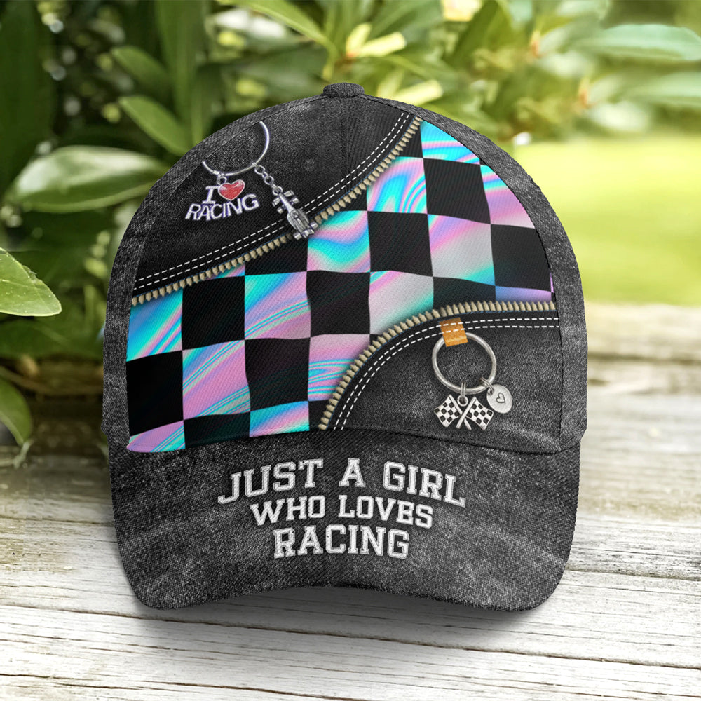 Just A Girl Who Loves Racing Black Jean Style Baseball Cap Trucker Hats Custom Hats Gifts For Men & Women