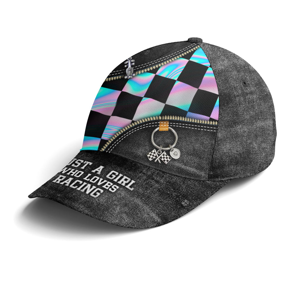 Just A Girl Who Loves Racing Black Jean Style Baseball Cap Trucker Hats Custom Hats Gifts For Men & Women