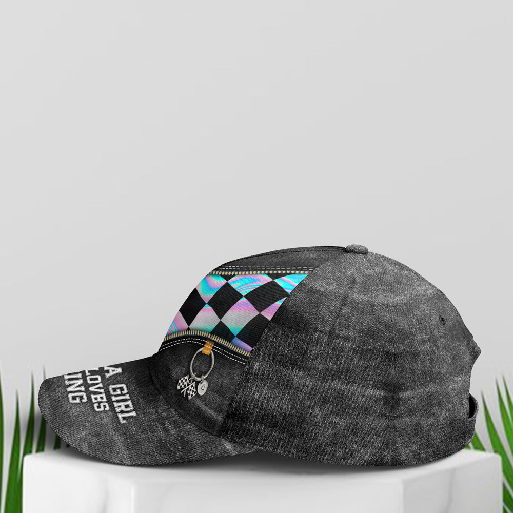 Just A Girl Who Loves Racing Black Jean Style Baseball Cap Trucker Hats Custom Hats Gifts For Men & Women