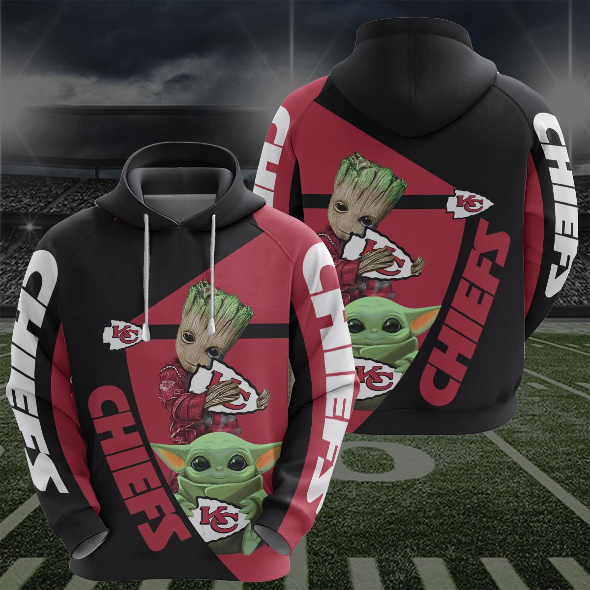 Kansas Chiefs Groot Baby Yoda 3D All Over Print Hoodie, Zip Hoodie