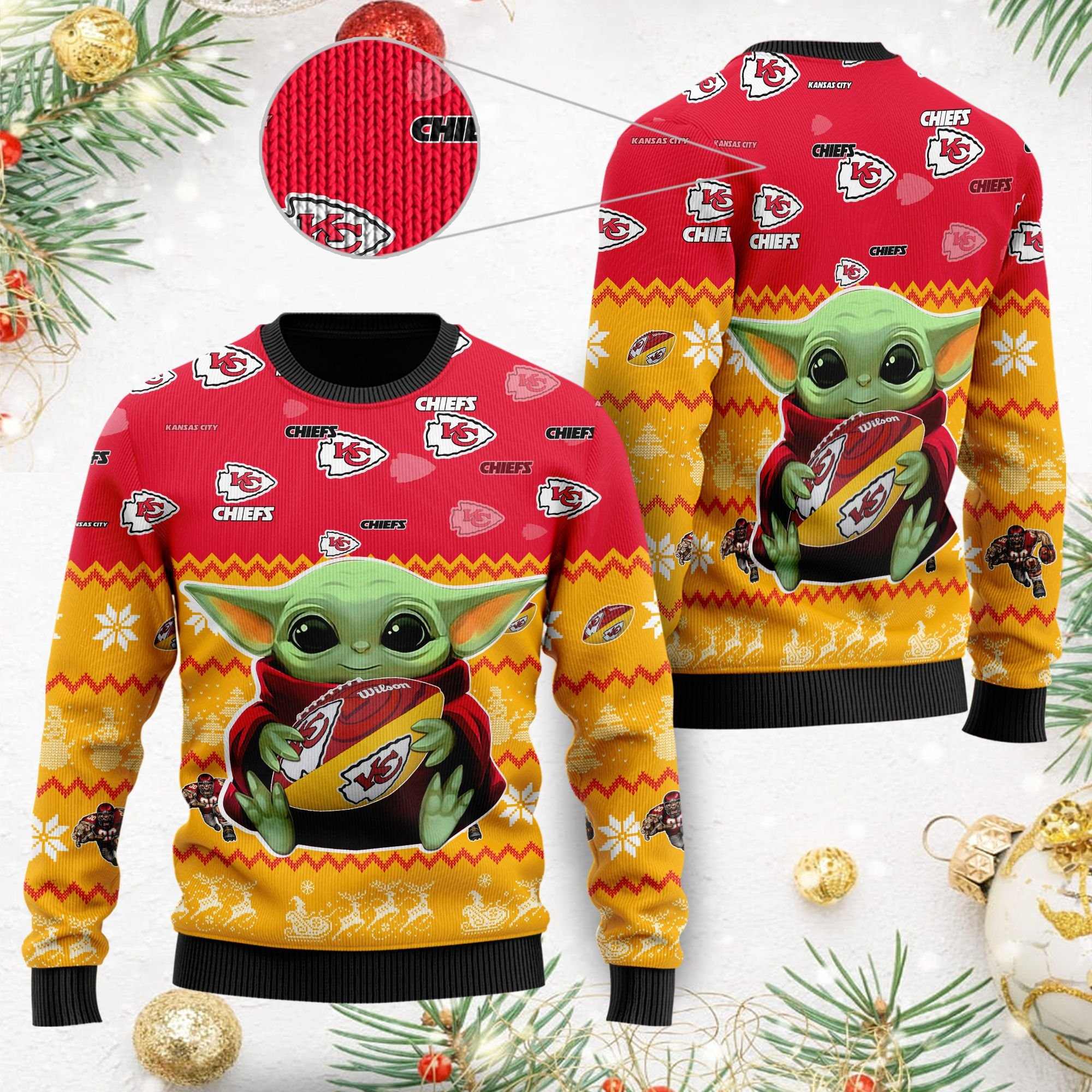 Kansas City Chiefs Baby Yoda Shirt For American Football Fans Ugly Christmas Sweater Adult 3D Funny Matching for family