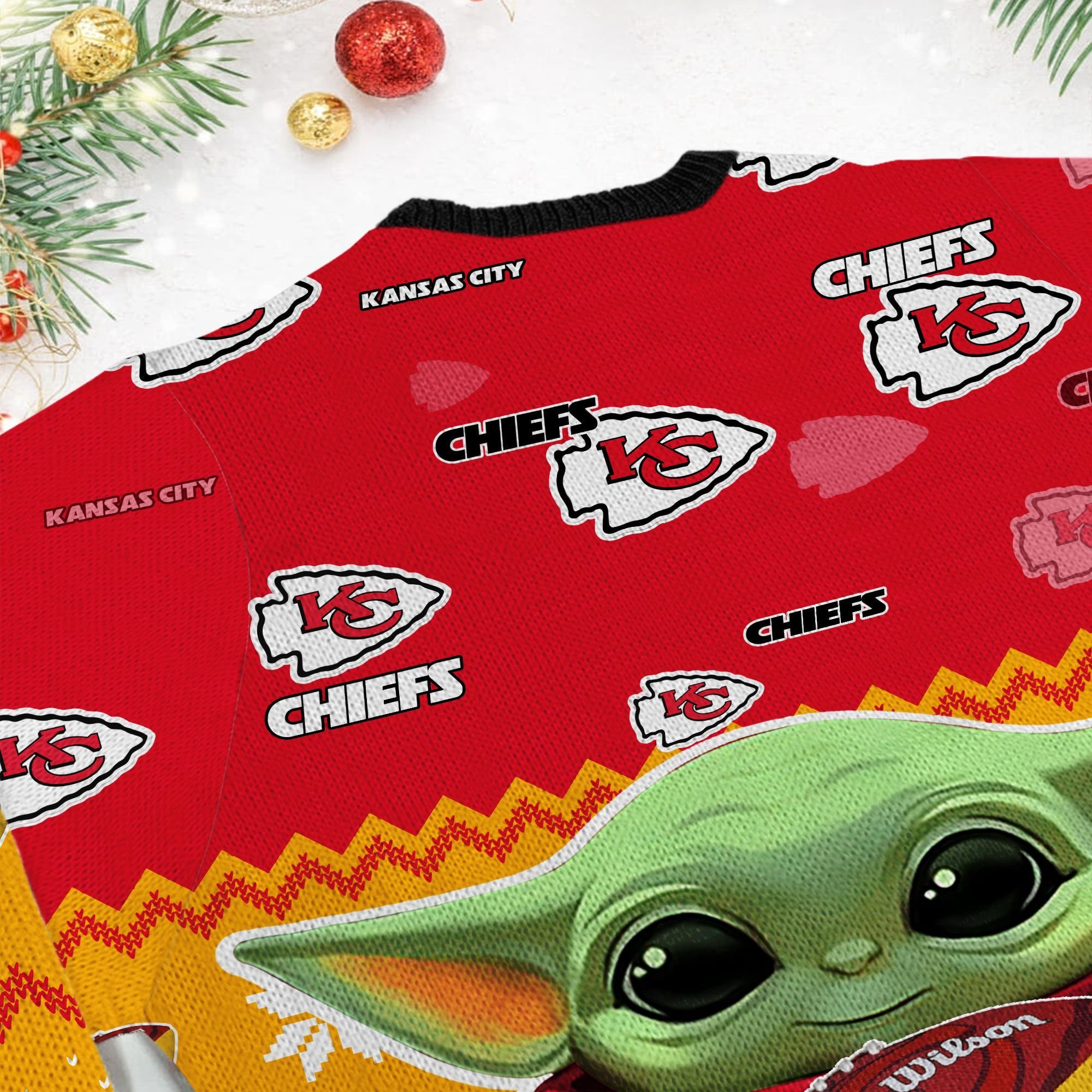Kansas City Chiefs Baby Yoda Ugly Christmas Sweater Adult 3D Funny Matching for family - Image 6