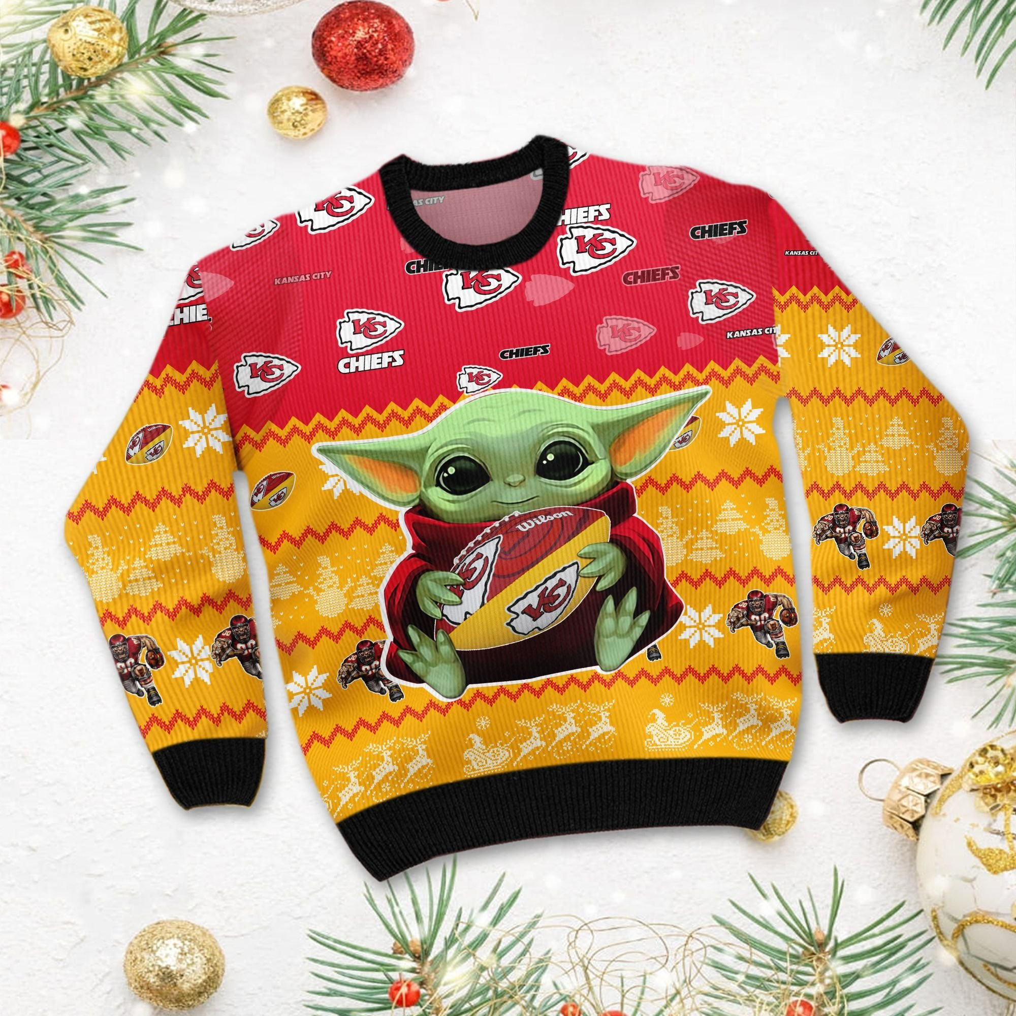 Kansas City Chiefs Baby Yoda Ugly Christmas Sweater Adult 3D Funny Matching for family - Image 3