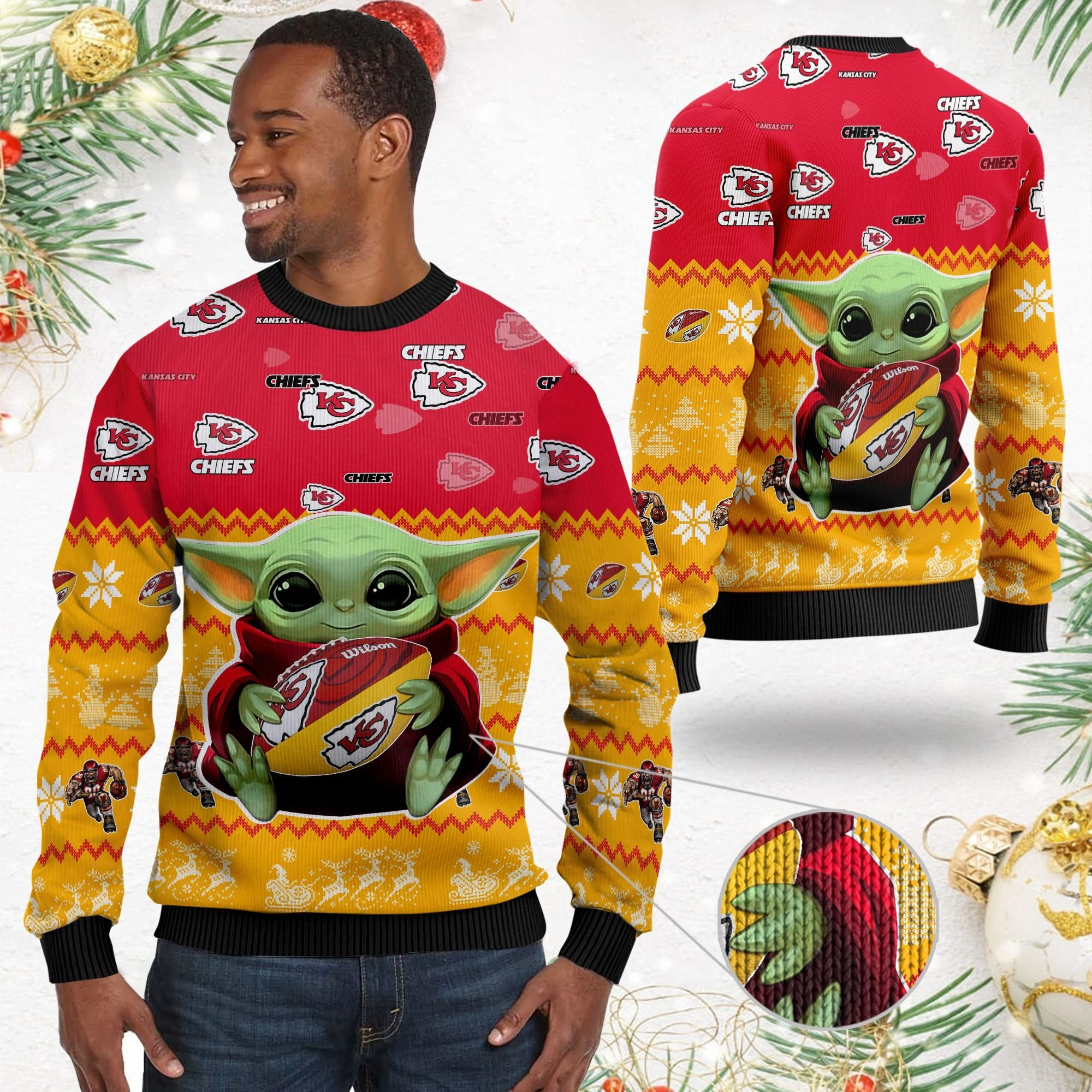 Kansas City Chiefs Baby Yoda Ugly Christmas Sweater Adult 3D Funny Matching for family - Image 2