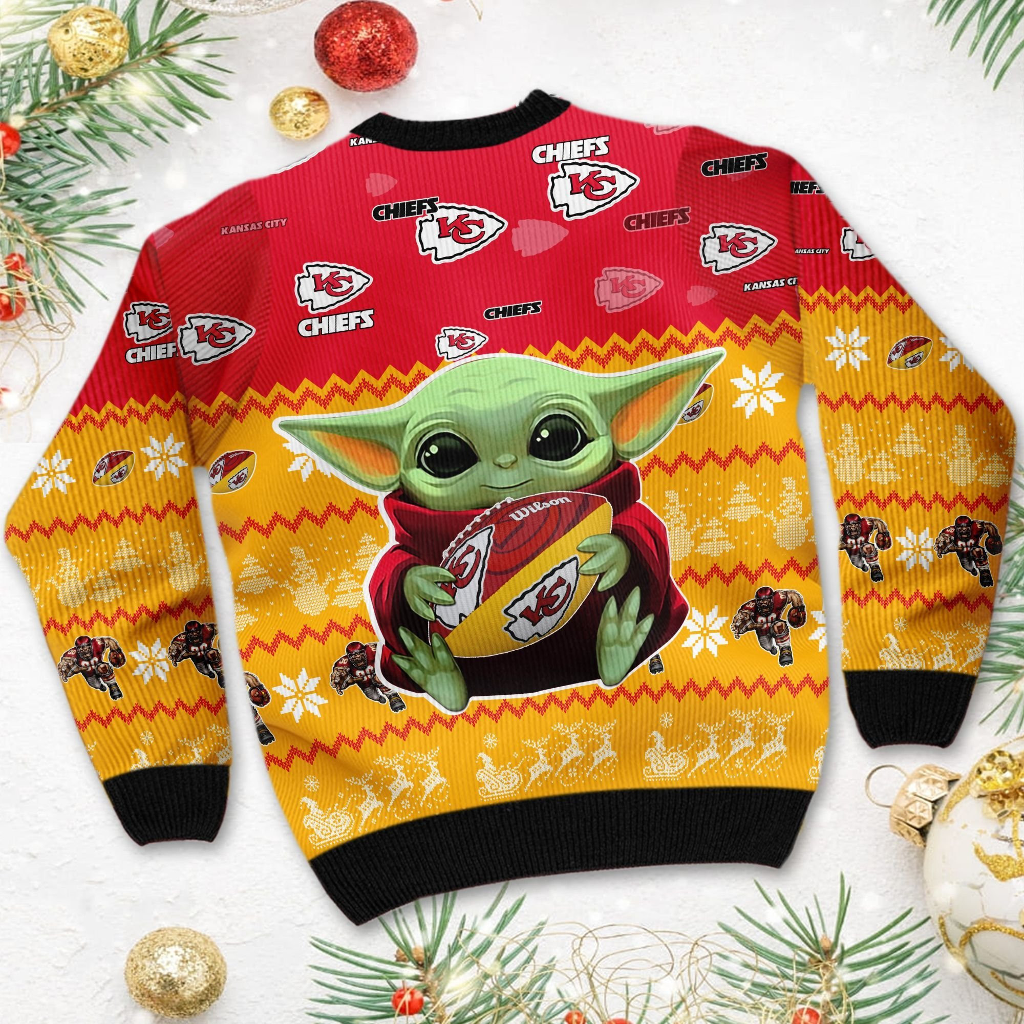 Kansas City Chiefs Baby Yoda Ugly Christmas Sweater Adult 3D Funny Matching for family - Image 4