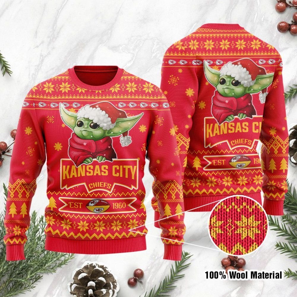 Kansas City Chiefs Cute Baby Yoda Grogu Holiday Party Ugly Christmas Sweater Adult 3D Funny Matching for family