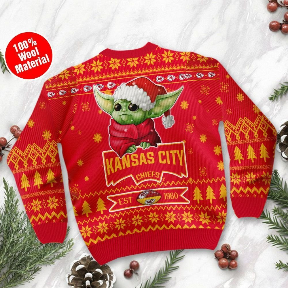 Kansas City Chiefs Cute Baby Yoda Grogu Ugly Christmas Sweater Adult 3D Funny Matching for family - Image 3