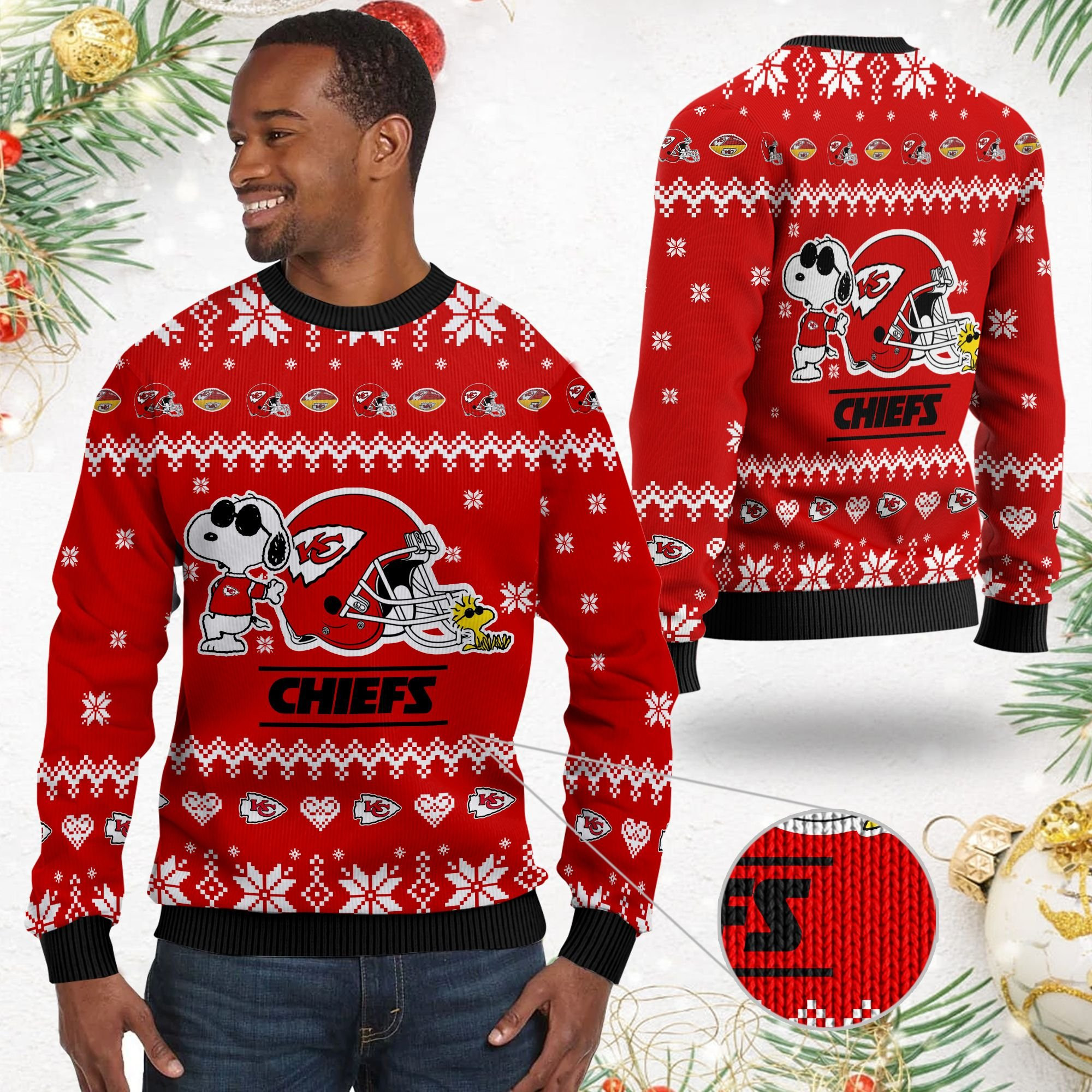 Kansas City Chiefs Cute The Snoopy Show Football Helmet 3D Ugly Christmas Sweater Adult 3D Funny Matching for family - Image 2