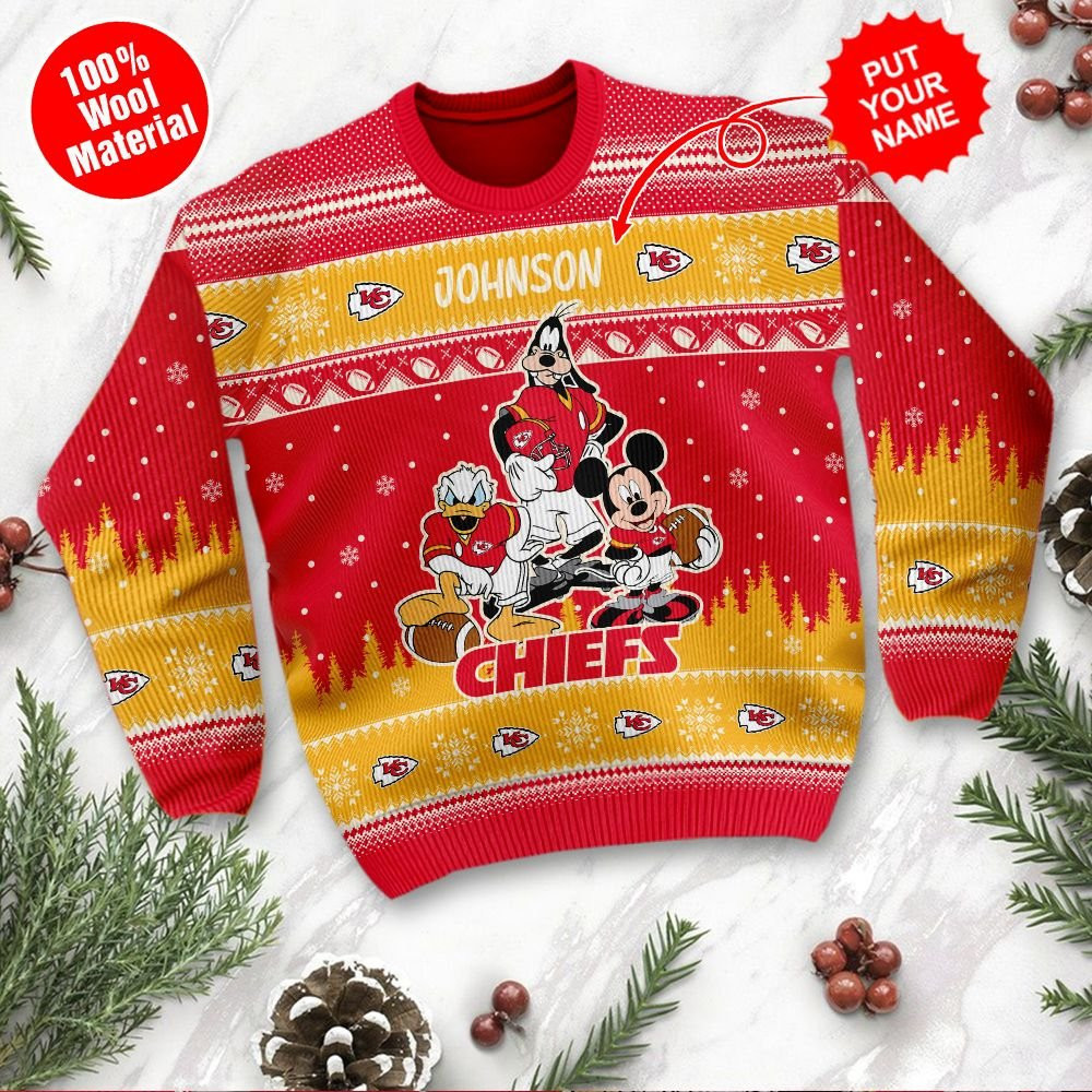 Kansas City Chiefs Disney Donald Duck Mickey Mouse Goofy Personalized Ugly Christmas Sweater Adult 3D Funny Matching for family - Image 2