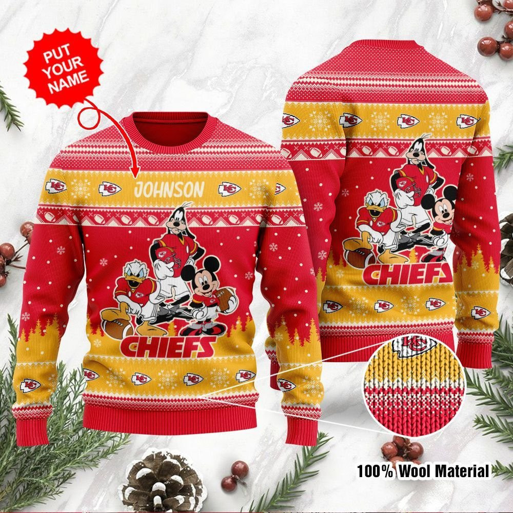 Kansas City Chiefs Disney Donald Duck Mickey Mouse Goofy Personalized Ugly Christmas Sweater Adult 3D Funny Matching for family
