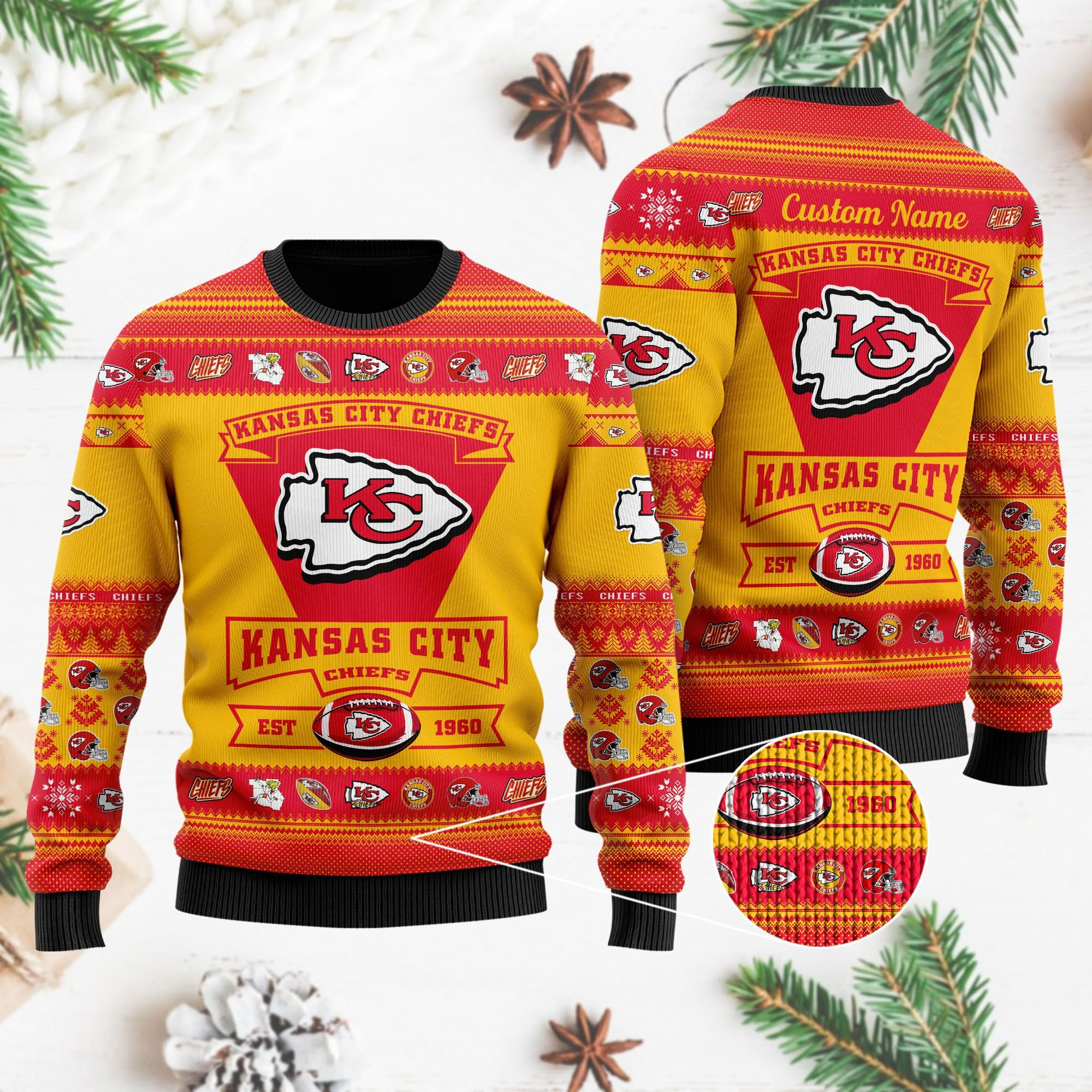 Kansas City Chiefs Football Team Logo Custom Name Personalized Ugly Christmas Sweater Adult 3D Funny Matching for family
