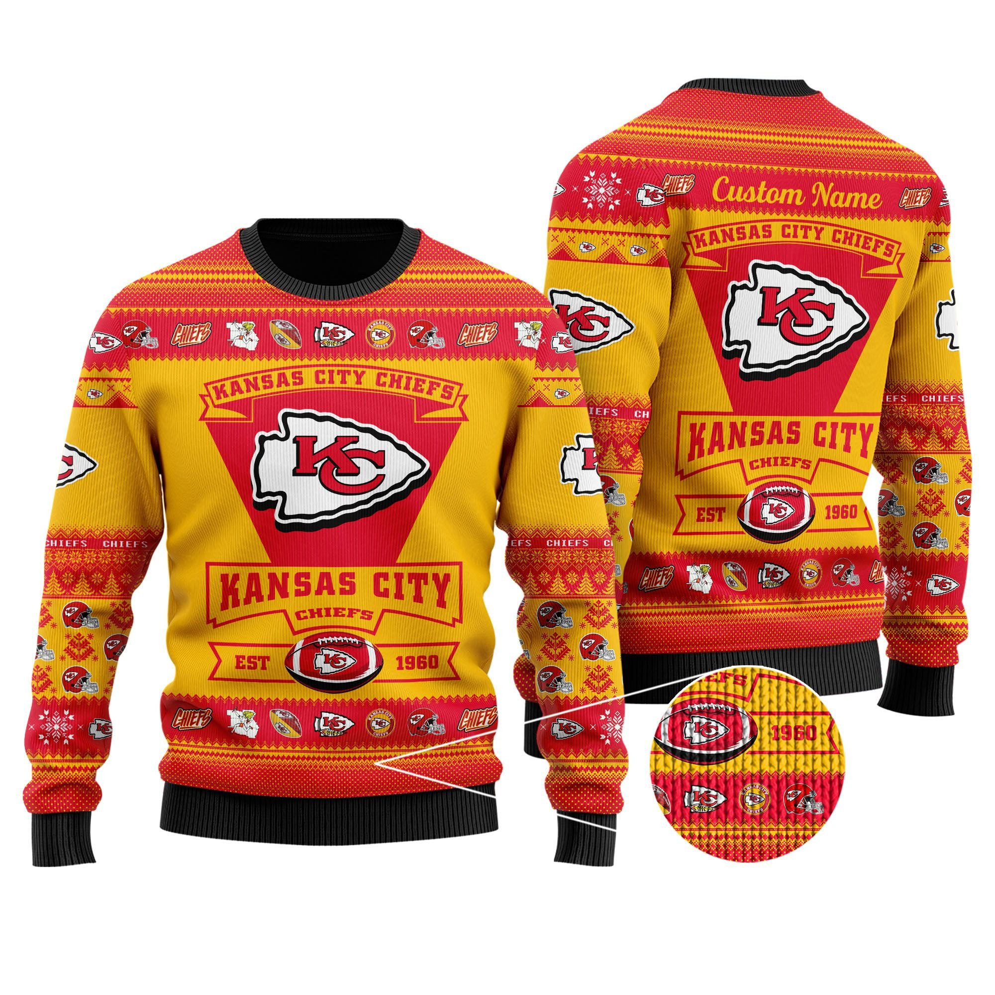 Kansas City Chiefs Football Team Logo Custom Name Personalized Ugly Christmas Sweater Adult 3D Funny Matching for family - Image 2