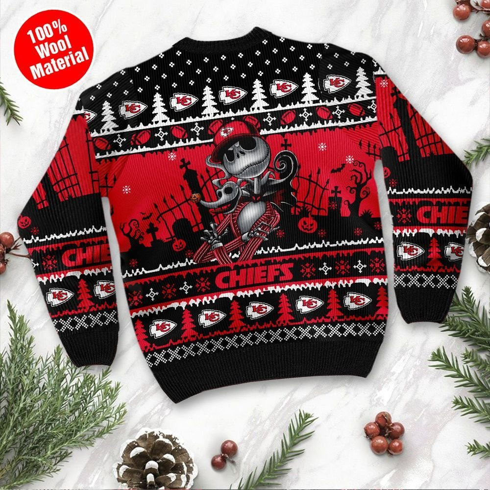 Kansas City Chiefs Jack Skellington Halloween Holiday Party Ugly Christmas Sweater Adult 3D Funny Matching for family - Image 3
