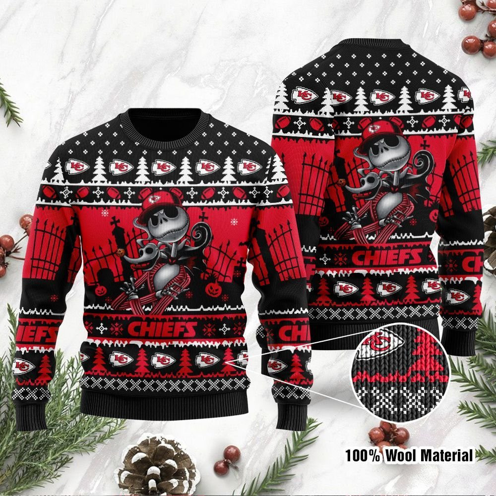 Kansas City Chiefs Jack Skellington Halloween Holiday Party Ugly Christmas Sweater Adult 3D Funny Matching for family