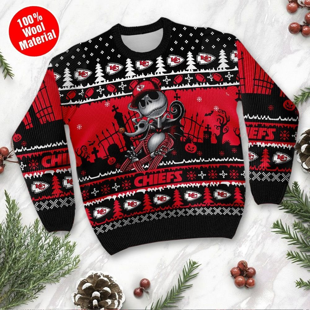 Kansas City Chiefs Jack Skellington Halloween Holiday Party Ugly Christmas Sweater Adult 3D Funny Matching for family - Image 2