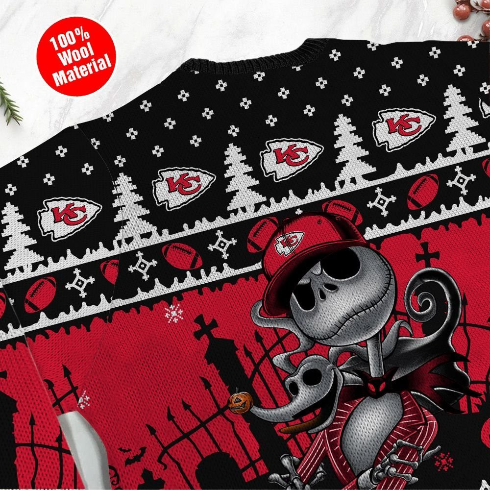 Kansas City Chiefs Jack Skellington Halloween Holiday Party Ugly Christmas Sweater Adult 3D Funny Matching for family - Image 5