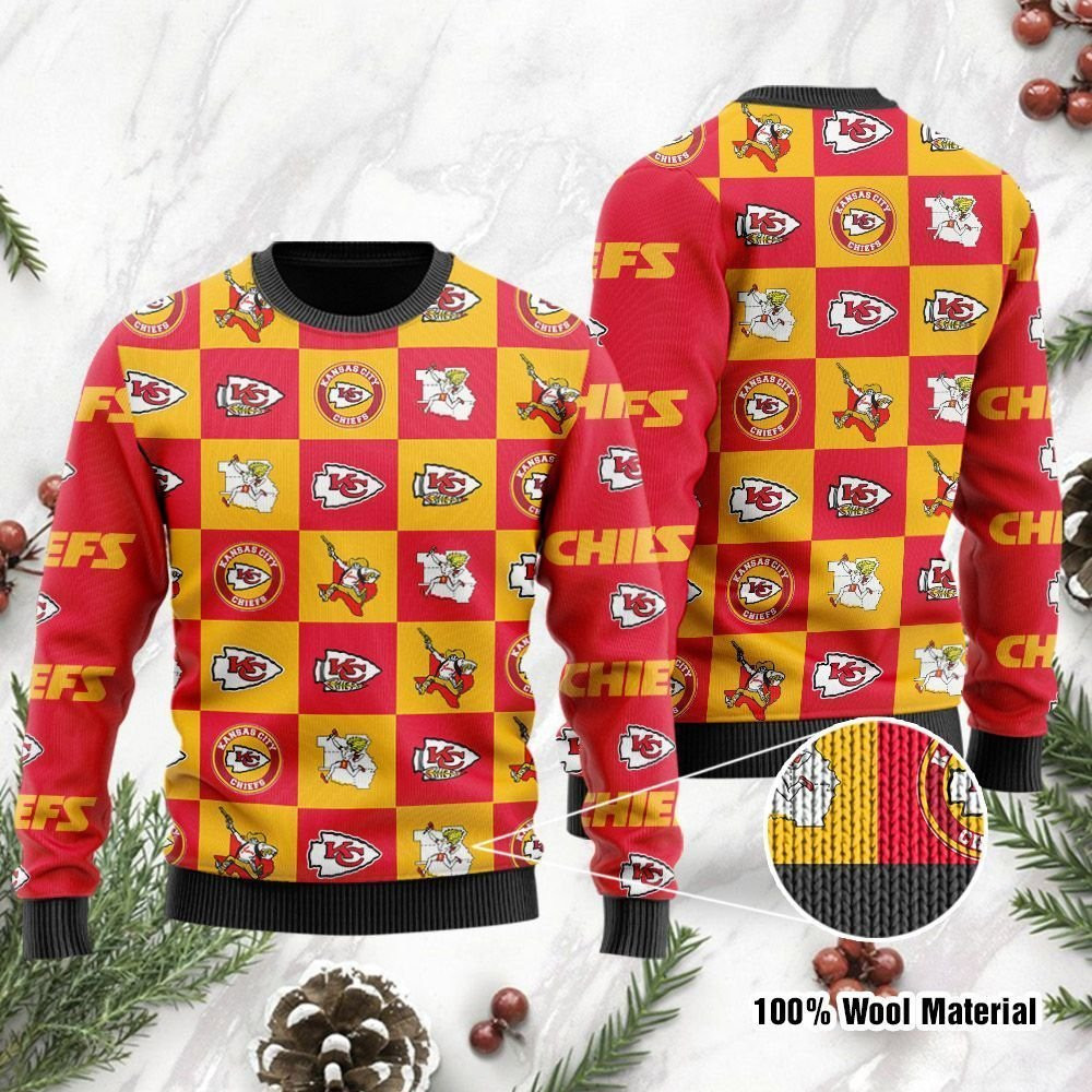 Kansas City Chiefs Logo Checkered Flannel Design Ugly Christmas Sweater Adult 3D Funny Matching for family