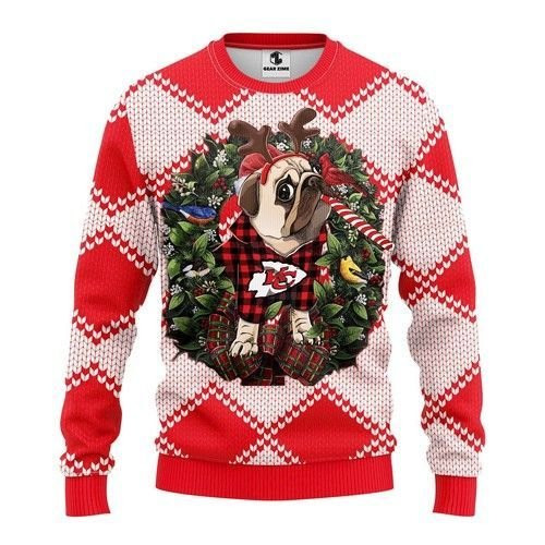 Kansas City Chiefs Pug Dog Ugly Christmas Sweater Adult 3D Funny Matching for family