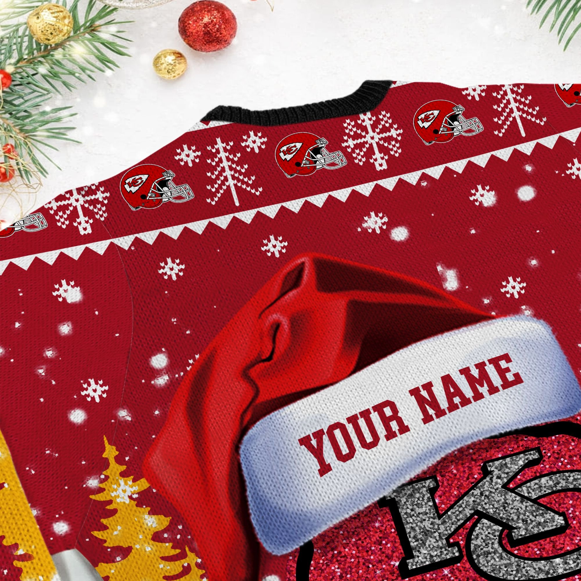Kansas City Chiefs Symbol Wearing Santa Claus Hat Ho Ho Ho Personalized Ugly Christmas Sweater Adult 3D Funny Matching for family - Image 6
