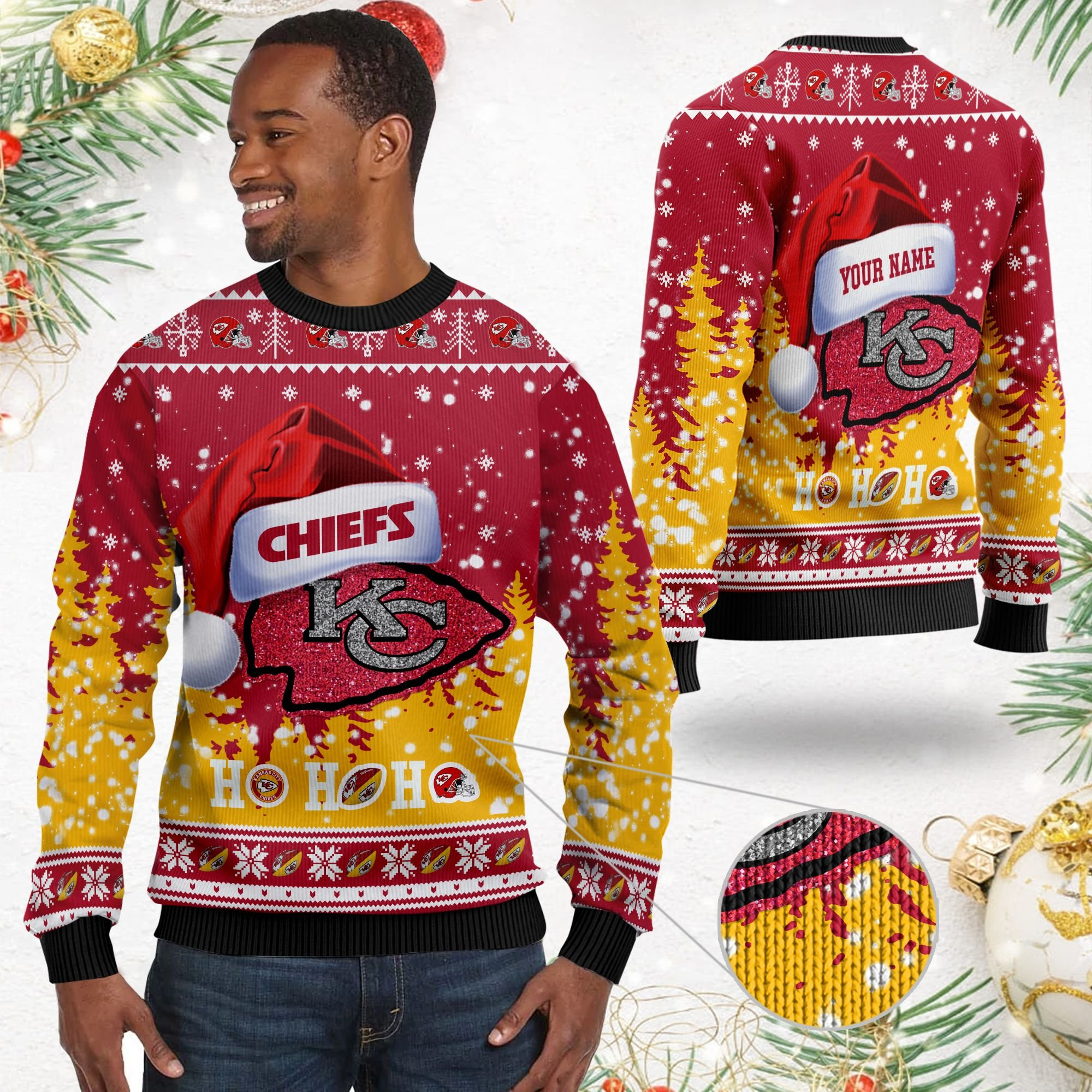Kansas City Chiefs Symbol Wearing Santa Claus Hat Ho Ho Ho Personalized Ugly Christmas Sweater Adult 3D Funny Matching for family - Image 2