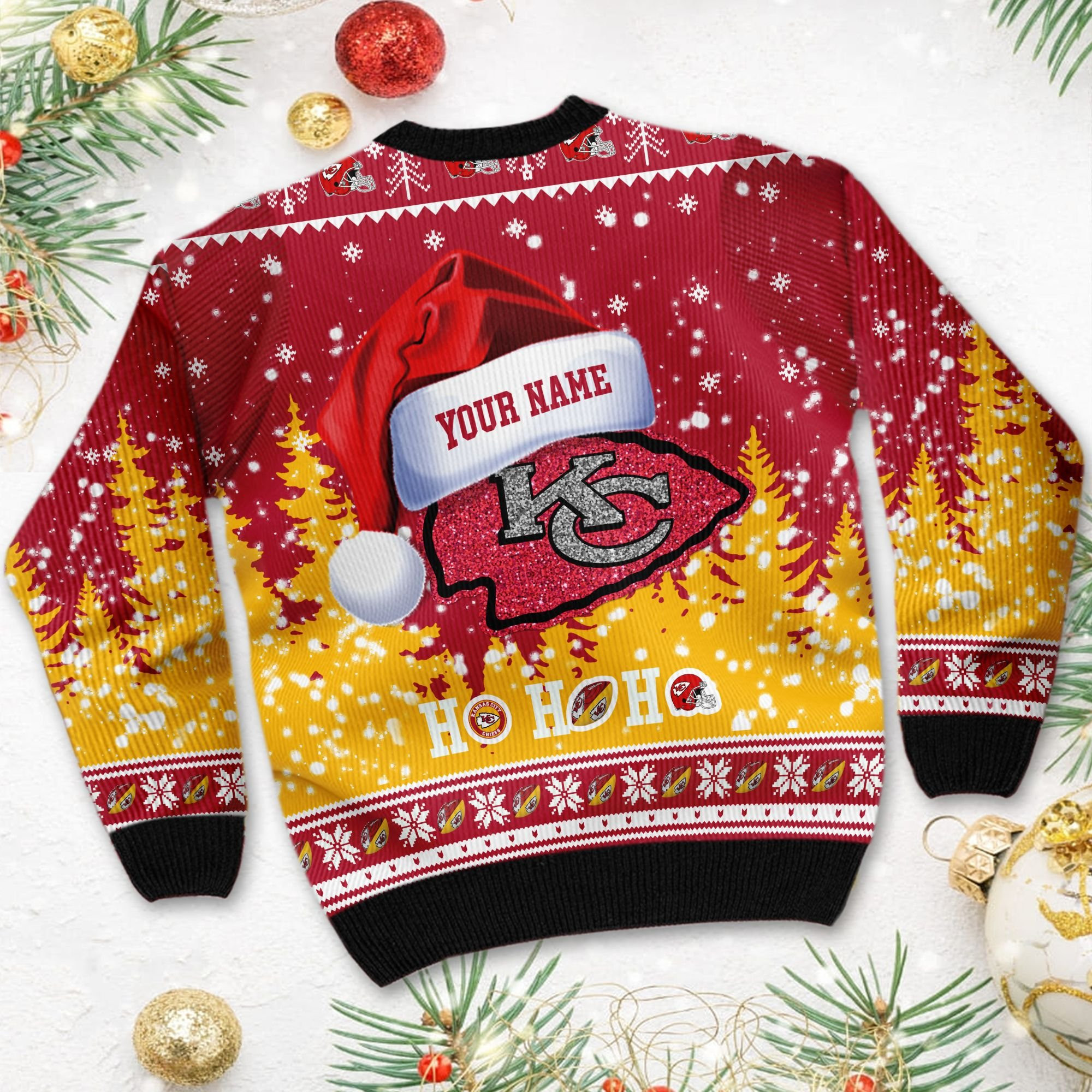 Kansas City Chiefs Symbol Wearing Santa Claus Hat Ho Ho Ho Personalized Ugly Christmas Sweater Adult 3D Funny Matching for family - Image 4