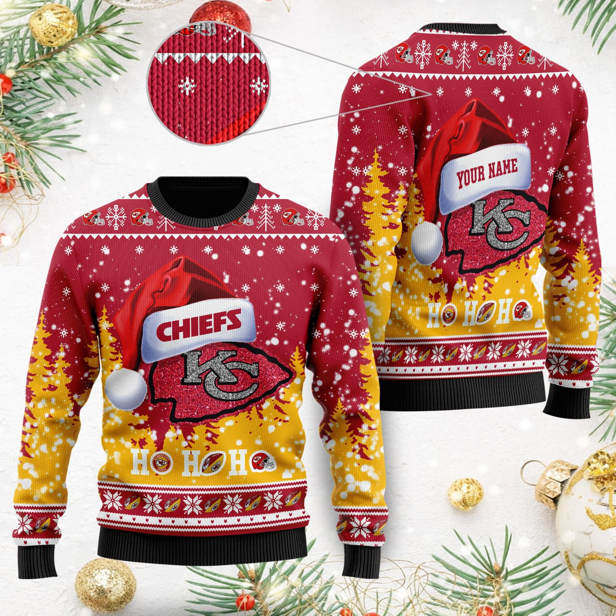 Kansas City Chiefs Symbol Wearing Santa Claus Hat Ho Ho Ho Personalized Ugly Christmas Sweater Adult 3D Funny Matching for family