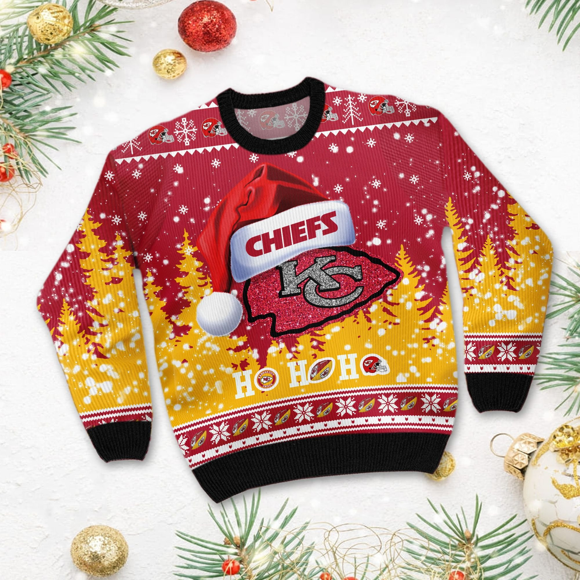 Kansas City Chiefs Symbol Wearing Santa Claus Hat Ho Ho Ho Personalized Ugly Christmas Sweater Adult 3D Funny Matching for family - Image 3