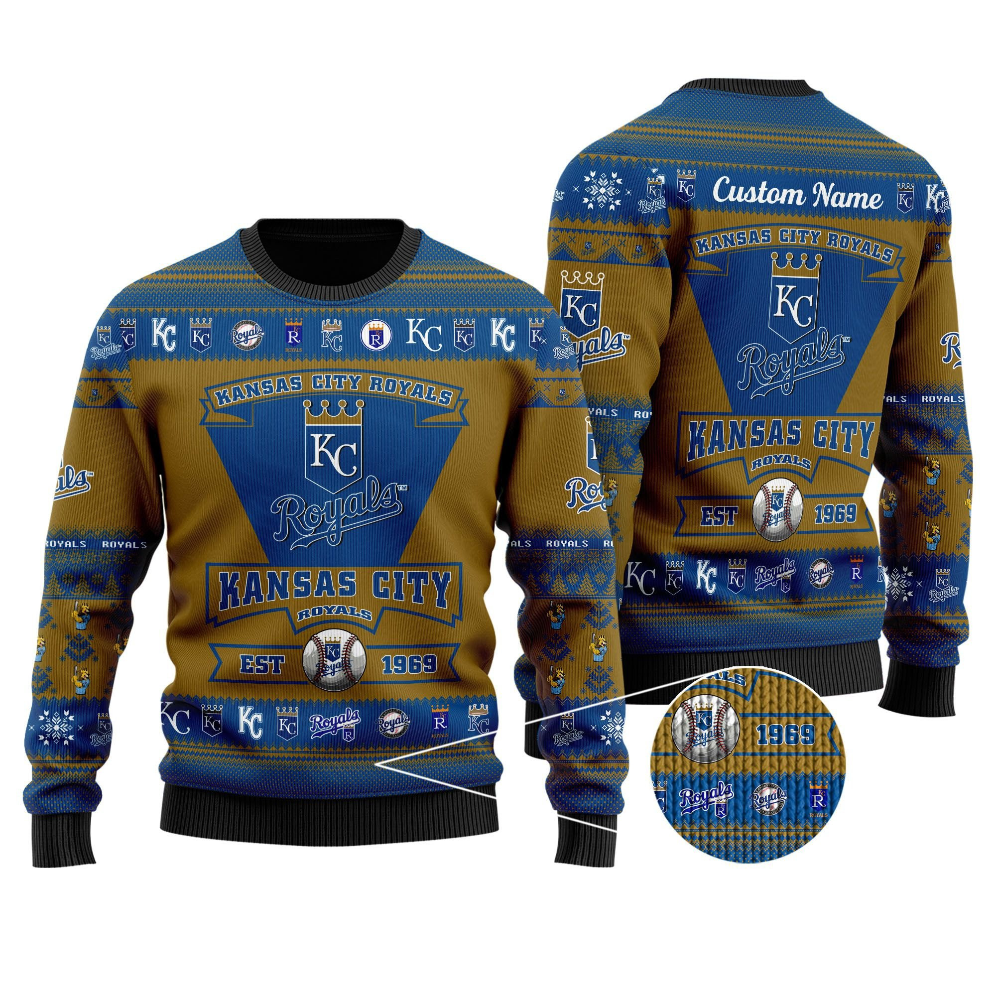 Kansas City Royals Football Team Logo Custom Name Personalized Ugly Christmas Sweater Adult 3D Funny Matching for family
