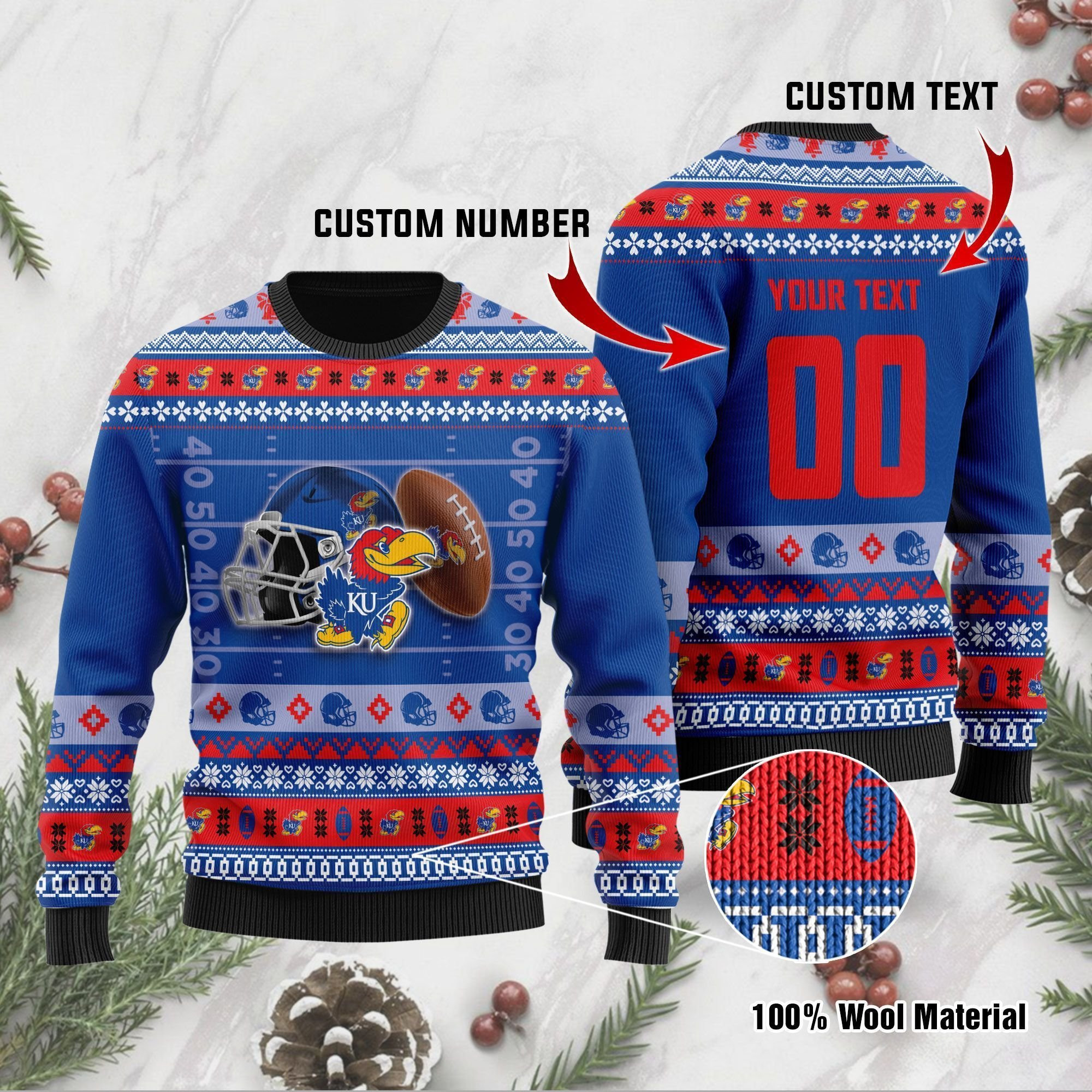 Kansas Jayhawks Custom Name & Number Personalized Ugly Christmas Sweater Adult 3D Funny Matching for family