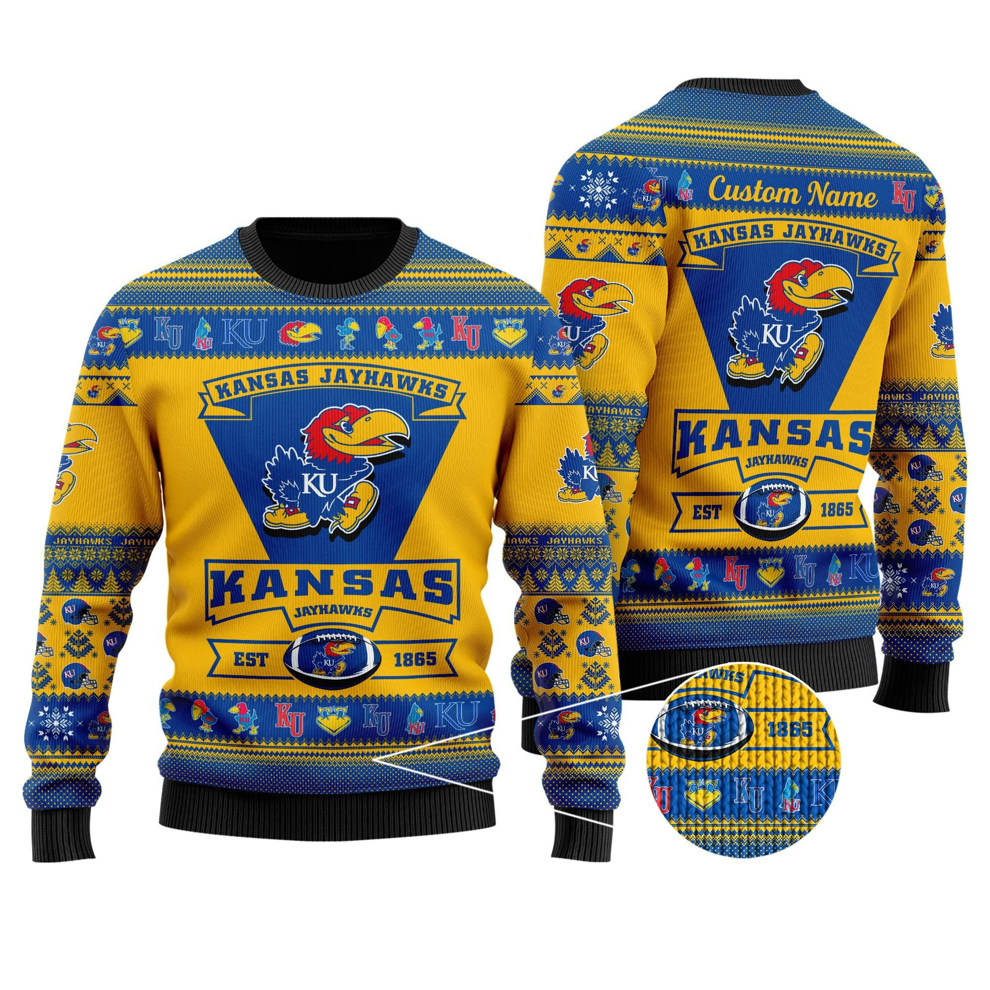 Kansas Jayhawks Football Team Logo Custom Name Personalized Ugly Christmas Sweater Adult 3D Funny Matching for family - Image 2
