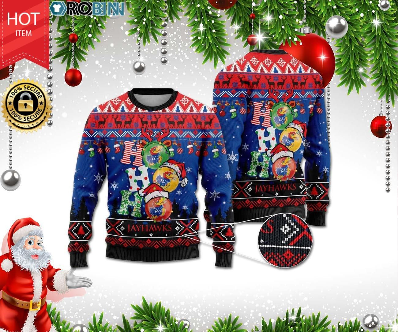 Kansas Jayhawks Ho Ho Ho 3D Print Ugly Christmas Sweater Adult 3D Funny Matching for family