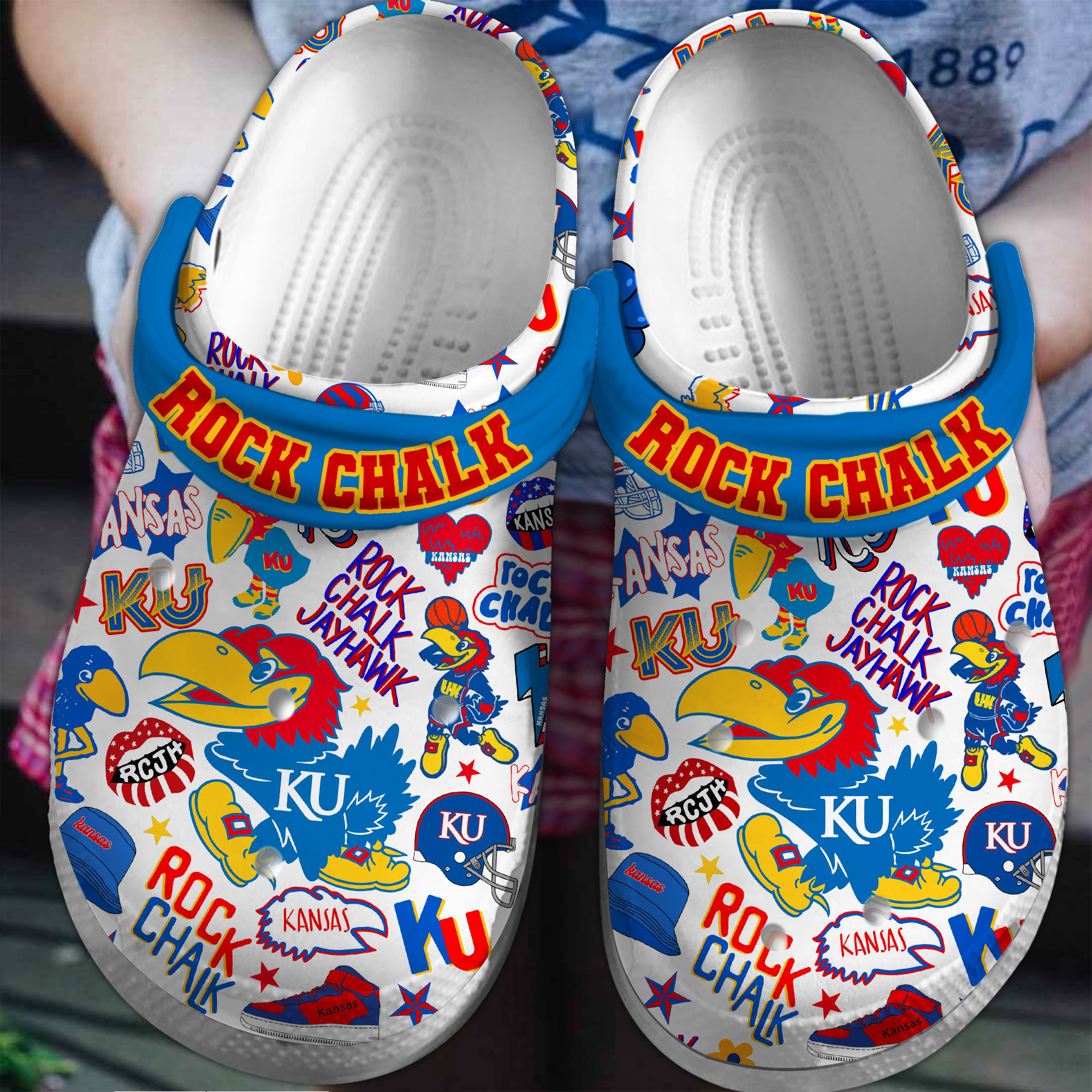Kansas Jayhawks NCAA Sport Crocs Crocband Clogs Shoes Comfortable For Men Women and Kids