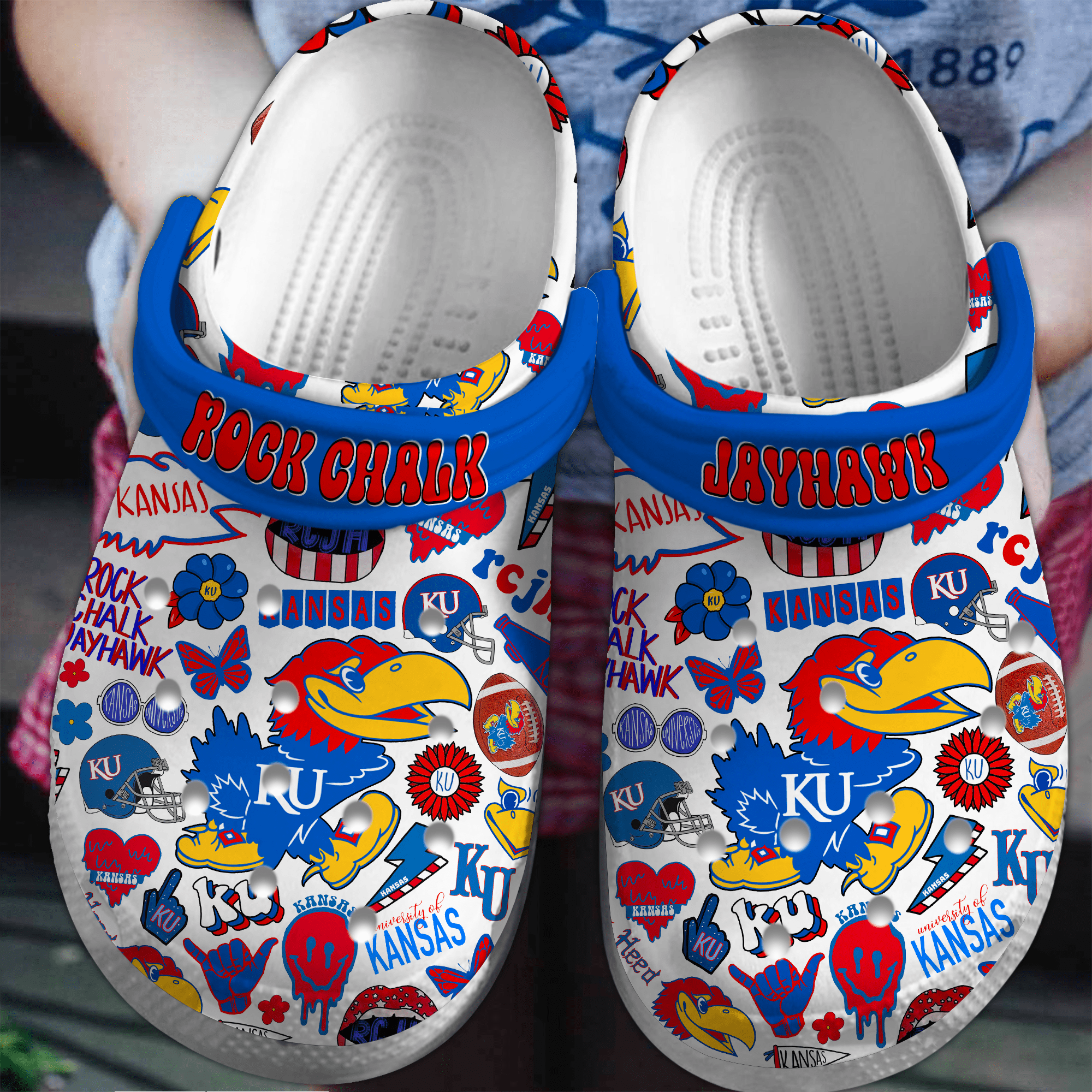 Kansas Jayhawks NCAA Sport Crocs Crocband Clogs Shoes Comfortable For Men Women and Kids