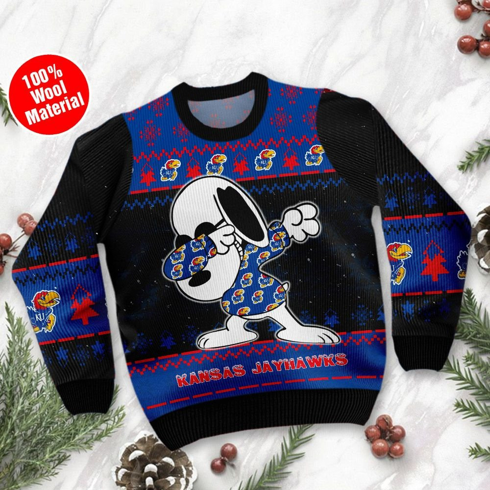 Kansas Jayhawks Snoopy Dabbing Holiday Party Ugly Christmas Sweater Adult 3D Funny Matching for family - Image 2