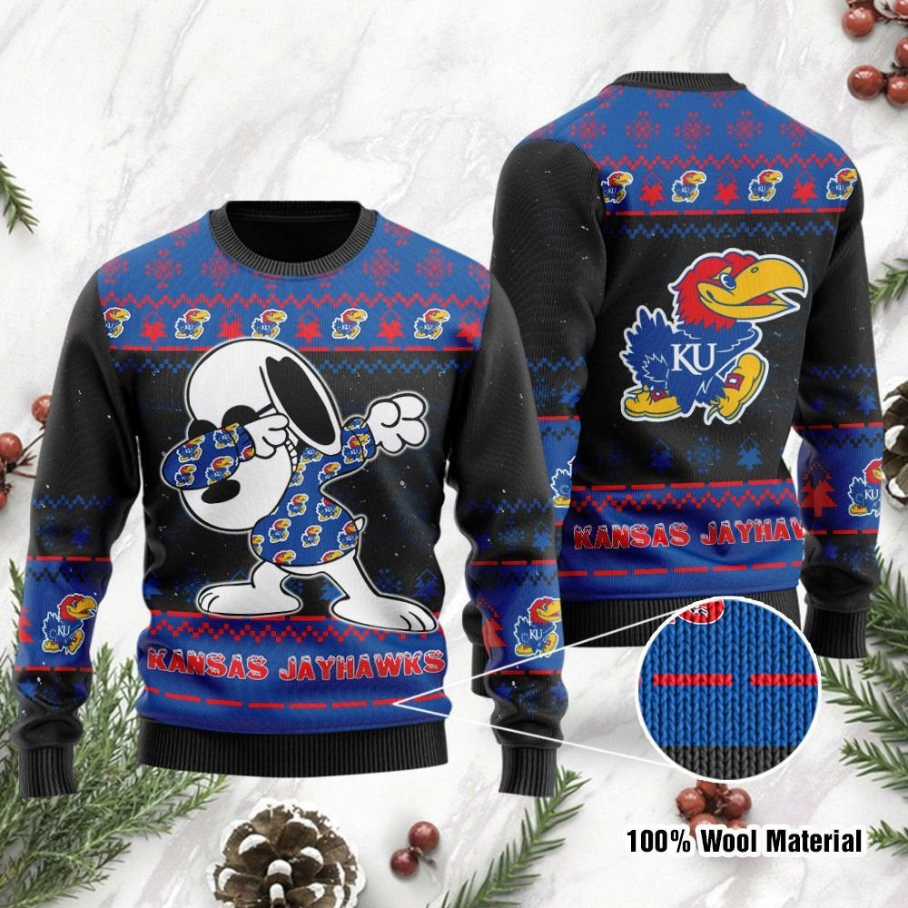 Kansas Jayhawks Snoopy Dabbing Holiday Party Ugly Christmas Sweater Adult 3D Funny Matching for family