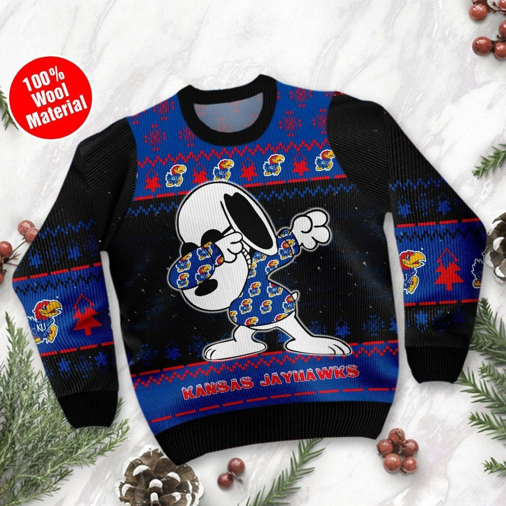 Kansas Jayhawks Snoopy Dabbing Ugly Christmas Sweater Adult 3D Funny Matching for family - Image 2