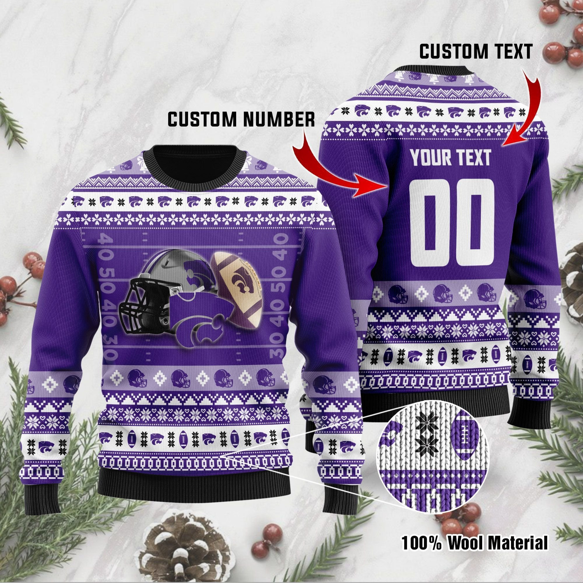 Kansas State Wildcats Custom Name & Number Personalized Ugly Christmas Sweater Adult 3D Funny Matching for family