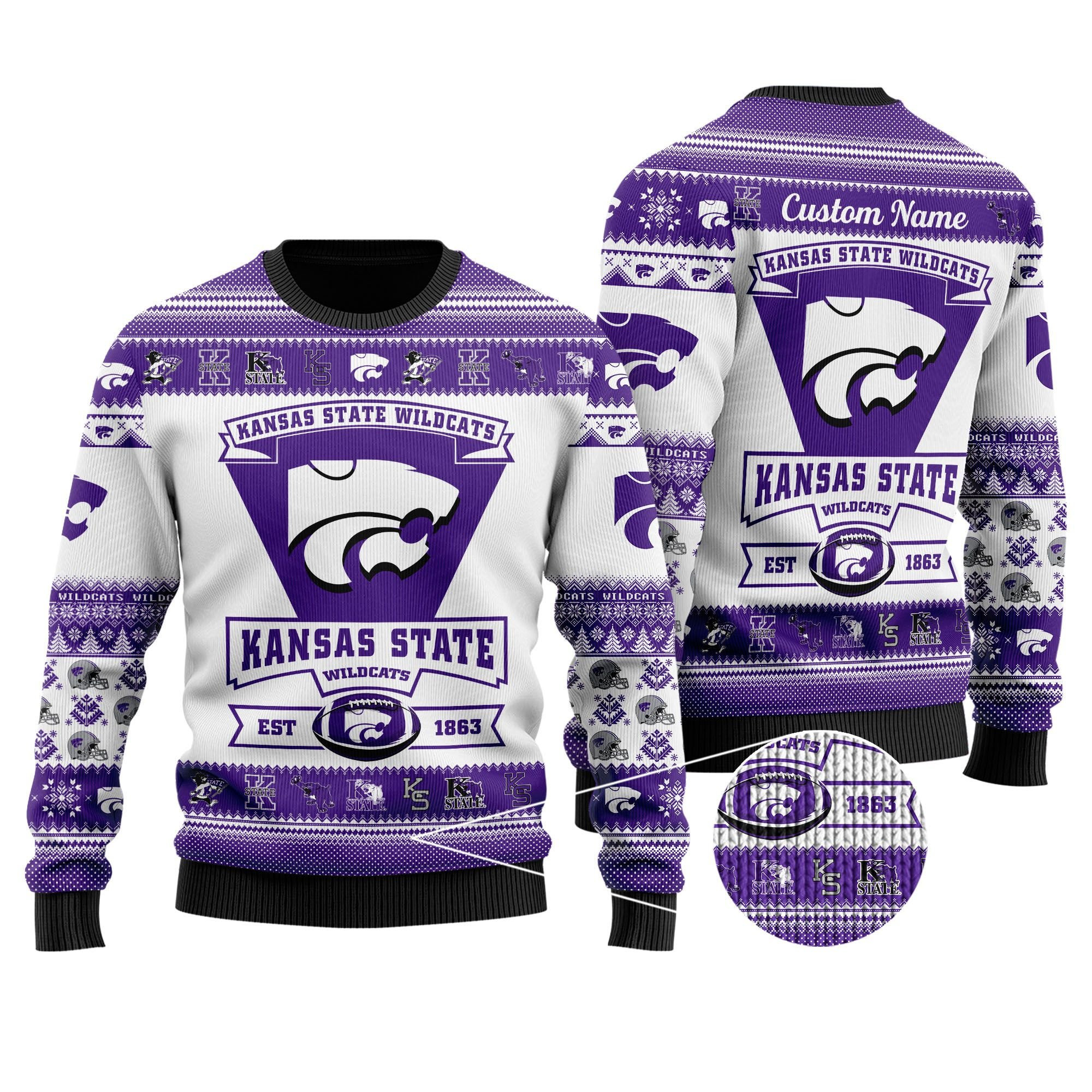 Kansas State Wildcats Football Team Logo Personalized Ugly Christmas Sweater Adult 3D Funny Matching for family - Image 2